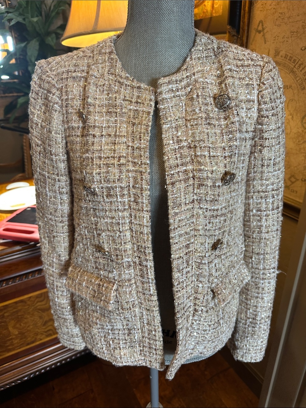 Ellie Tahari Beige Tweed Collarless Women's Blazer